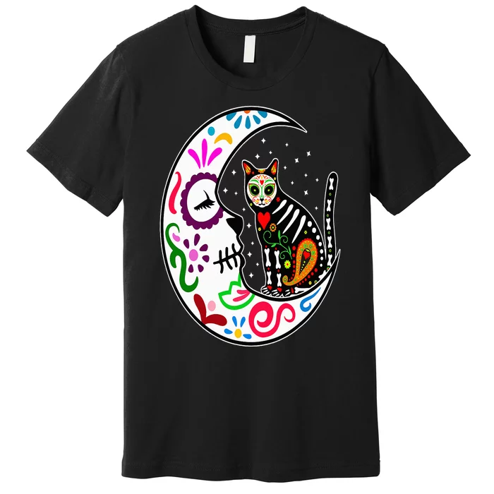 Sugar Skull Cat Moon Dia De Los Muertos Mexican Day of Dead Premium T-Shirt