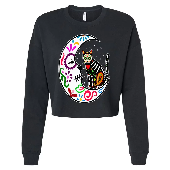 Sugar Skull Cat Moon Dia De Los Muertos Mexican Day of Dead Cropped Pullover Crew