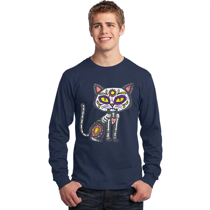 Sugar Skull Cat Dia De Muertos Day Of Dead Halloween Mexican Tall Long Sleeve T-Shirt