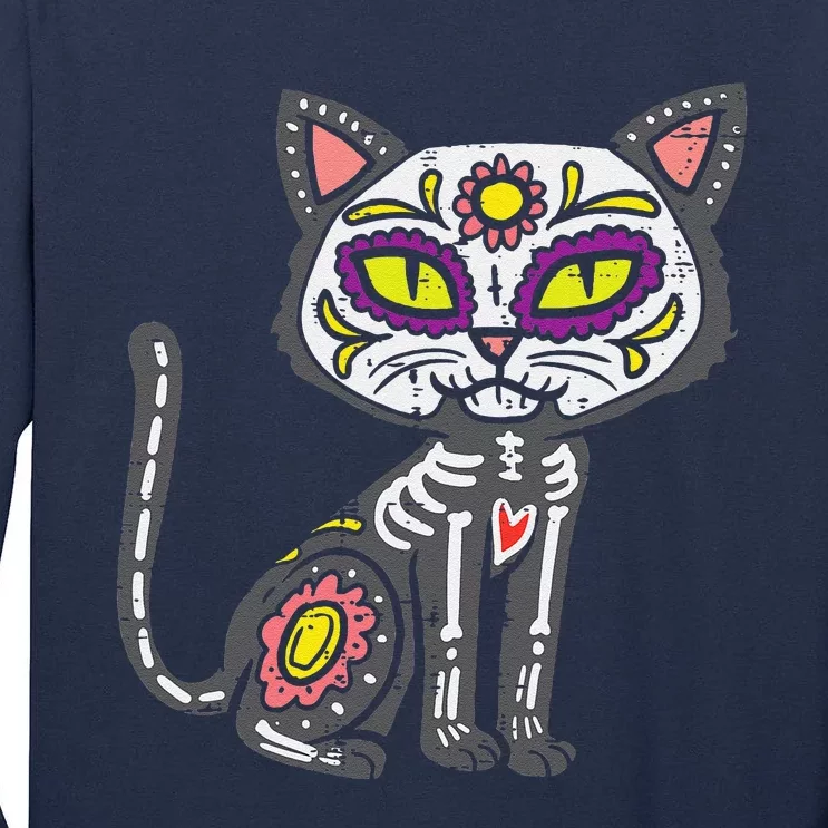 Sugar Skull Cat Dia De Muertos Day Of Dead Halloween Mexican Tall Long Sleeve T-Shirt