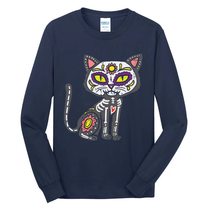 Sugar Skull Cat Dia De Muertos Day Of Dead Halloween Mexican Tall Long Sleeve T-Shirt