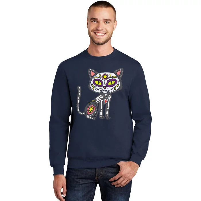 Sugar Skull Cat Dia De Muertos Day Of Dead Halloween Mexican Tall Sweatshirt