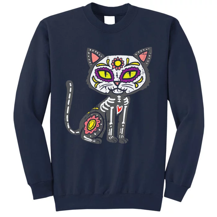 Sugar Skull Cat Dia De Muertos Day Of Dead Halloween Mexican Tall Sweatshirt