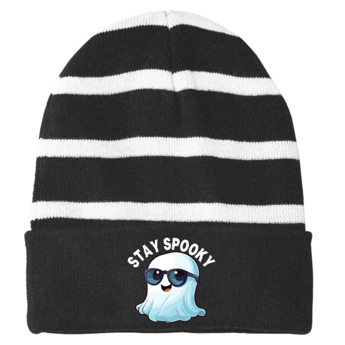 Stay Spooky Cute Ghost Boo Spooky Season Funny Halloween Spooky Boo Striped Beanie with Solid Band