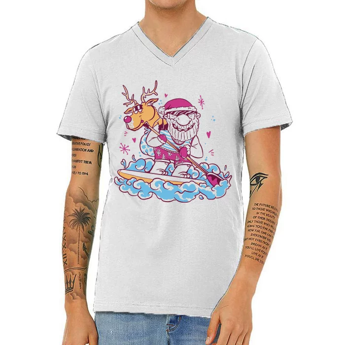 Santa Surfing Christmas Holiday Vacation V-Neck T-Shirt