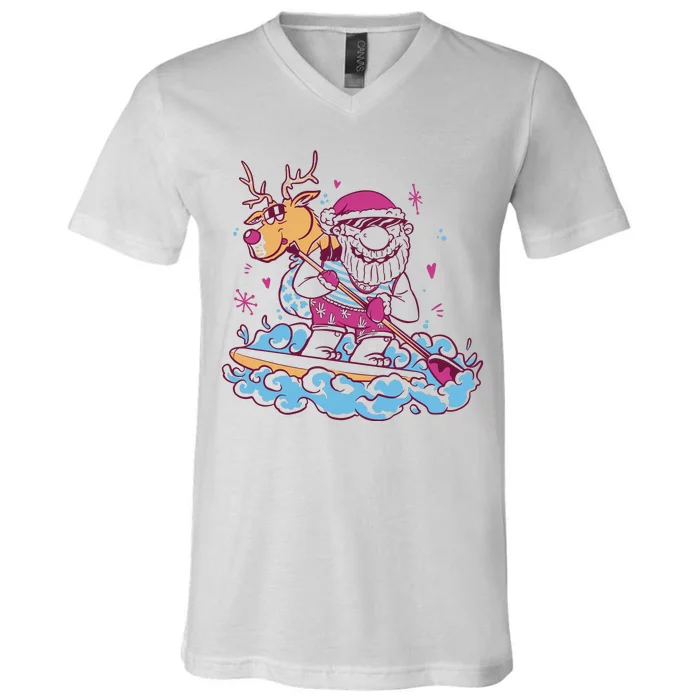 Santa Surfing Christmas Holiday Vacation V-Neck T-Shirt