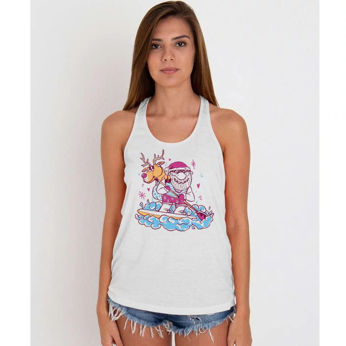 Santa Surfing Christmas Holiday Vacation Women's Knotted Racerback Tank