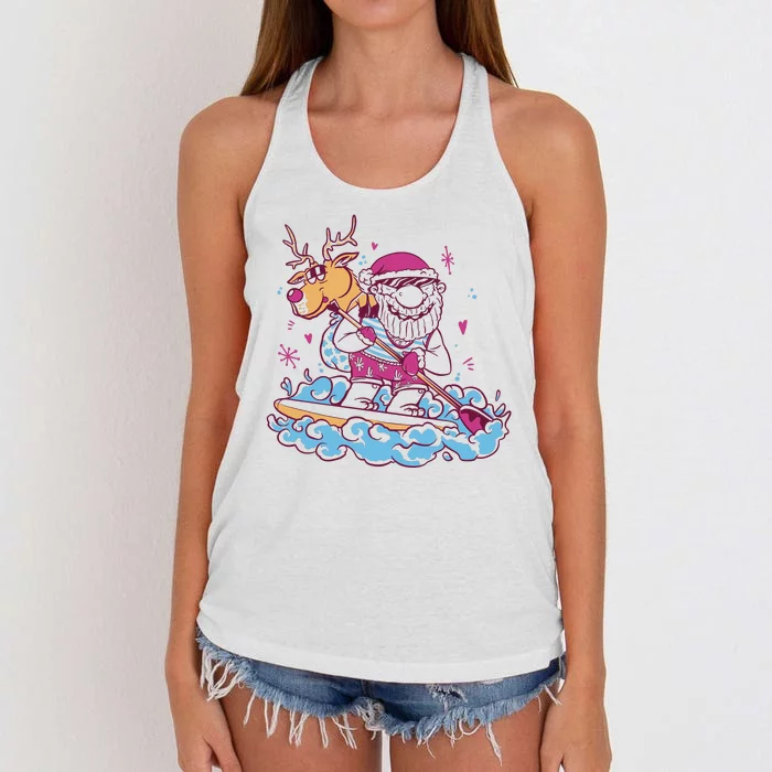 Santa Surfing Christmas Holiday Vacation Women's Knotted Racerback Tank