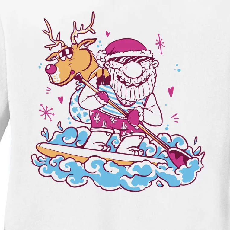 Santa Surfing Christmas Holiday Vacation Ladies Long Sleeve Shirt