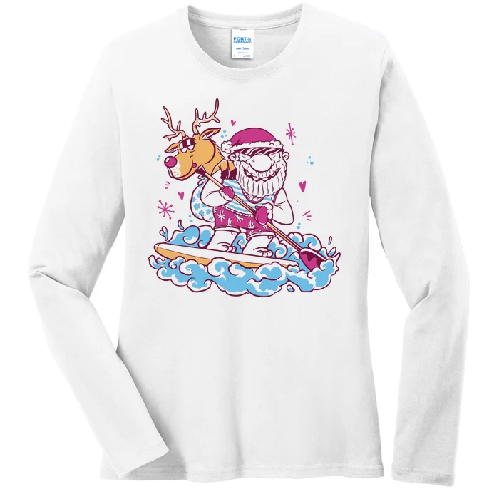 Santa Surfing Christmas Holiday Vacation Ladies Long Sleeve Shirt