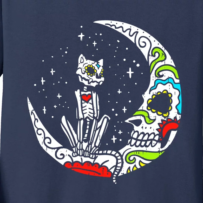 Sugar Skull Cat Moon Dia De Los Muertos Halloween Costume Kids Long Sleeve Shirt