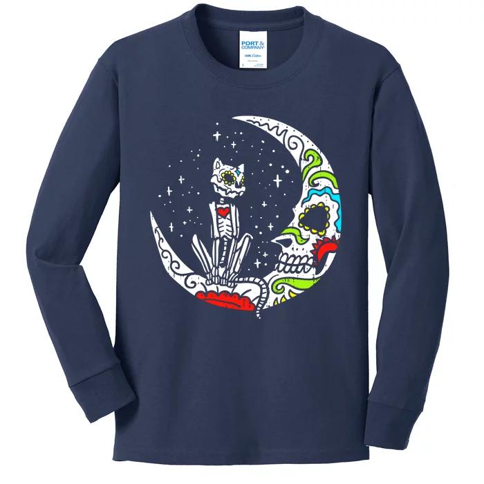 Sugar Skull Cat Moon Dia De Los Muertos Halloween Costume Kids Long Sleeve Shirt