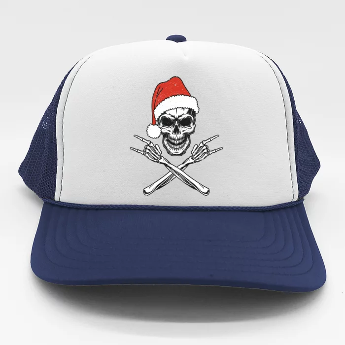 Skeleton Santa Claus Hat Rock And Roll Hand Cool Christmas Funny Gift Trucker Hat