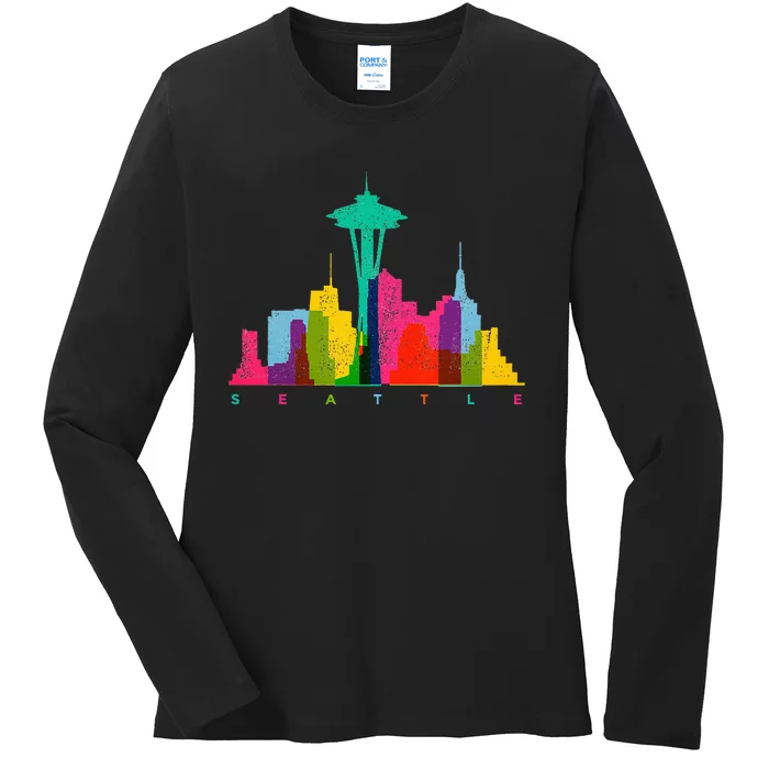 Seattle Skyline Colorful Washington Ladies Long Sleeve Shirt