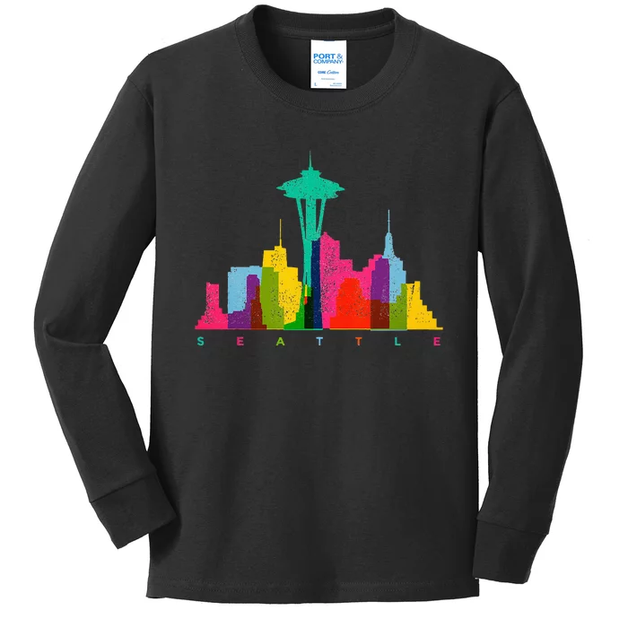 Seattle Skyline Colorful Washington Kids Long Sleeve Shirt