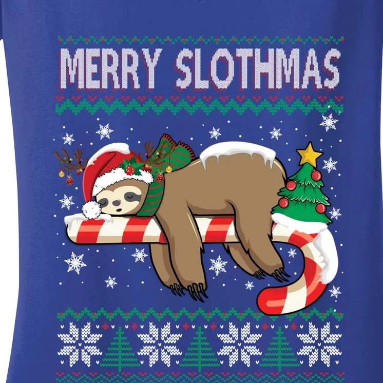 Santa Sloth Christmas Ugly Sweater Merry Slothmas Reindeer Cool Gift Women's V-Neck T-Shirt