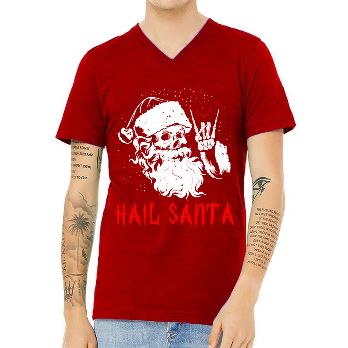 Sleigher Santa Claus Metal Christmas Rock On Hail Santa V-Neck T-Shirt