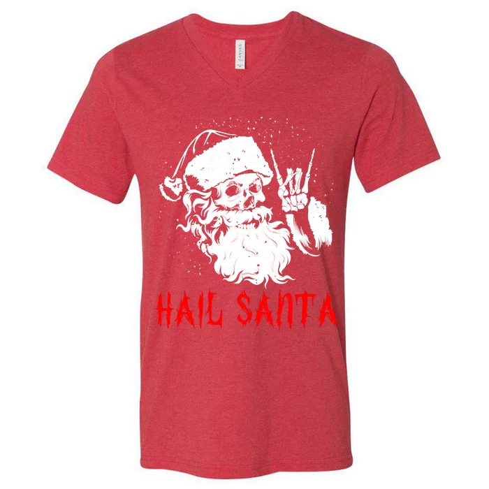 Sleigher Santa Claus Metal Christmas Rock On Hail Santa V-Neck T-Shirt