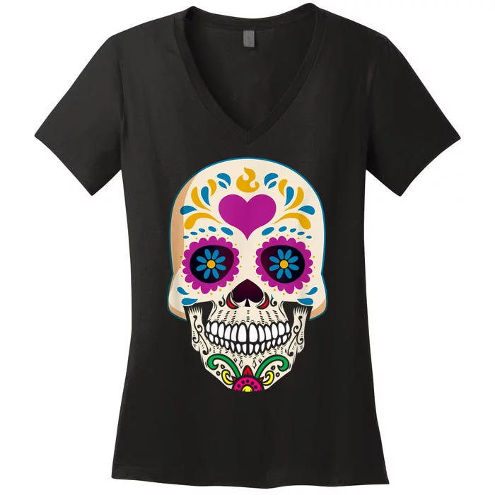 Sugar Skull Calavera Day Of The Dead Dia De Los Muertos Women's V-Neck T-Shirt