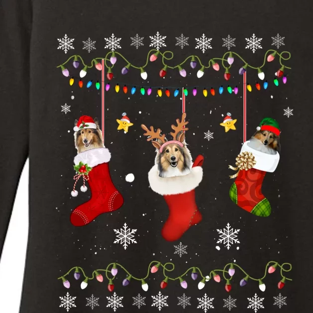 Shetland Sheepdog Christmas Socks Lights Gift Dog Lover Xmas Gift Womens CVC Long Sleeve Shirt