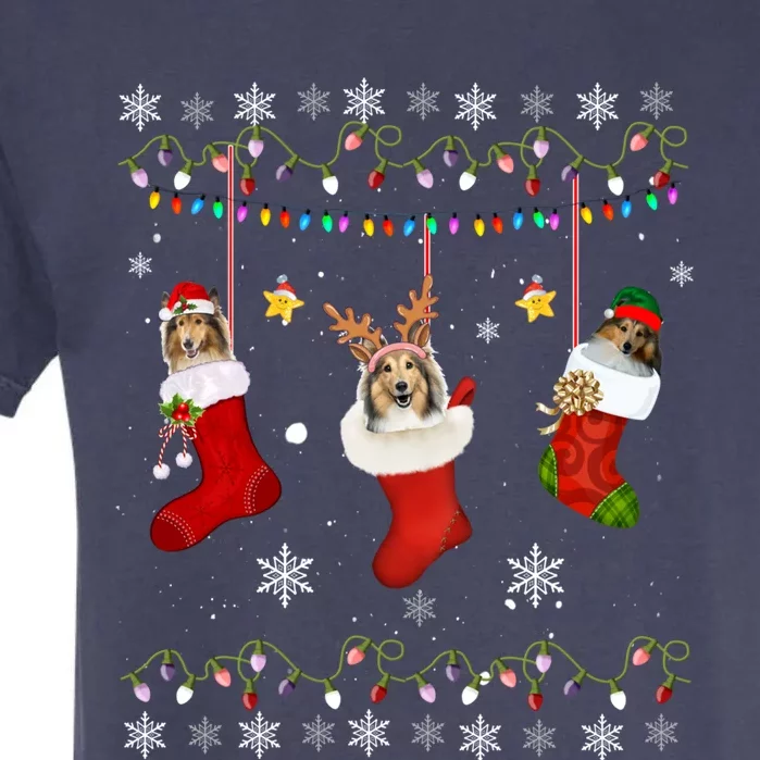 Shetland Sheepdog Christmas Socks Lights Gift Dog Lover Xmas Gift Garment-Dyed Heavyweight T-Shirt