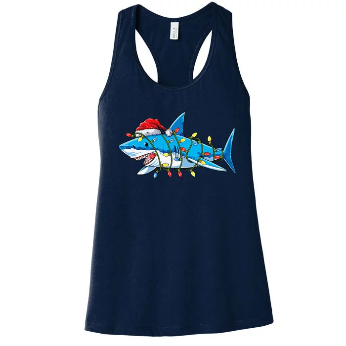 Santa Shark Christmas Lights Sharkmas Tree Xmas Women's Racerback Tank