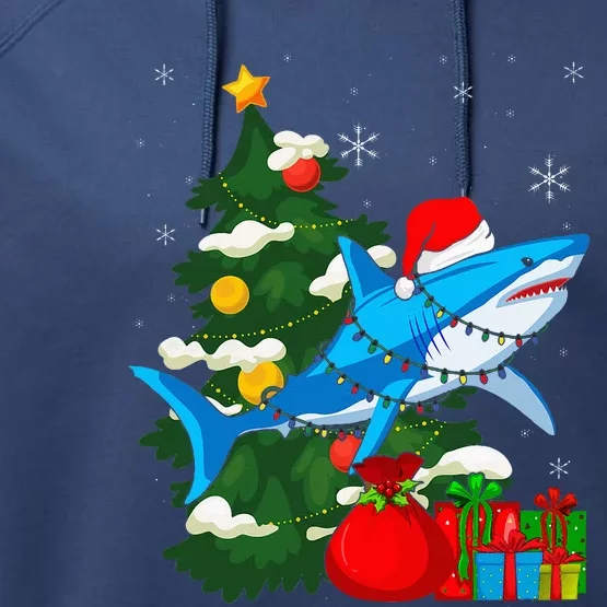 Santa Shark Christmas Lights Sharkmas Tree Xmas Performance Fleece Hoodie