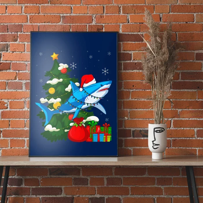 Santa Shark Christmas Lights Sharkmas Tree Xmas Poster