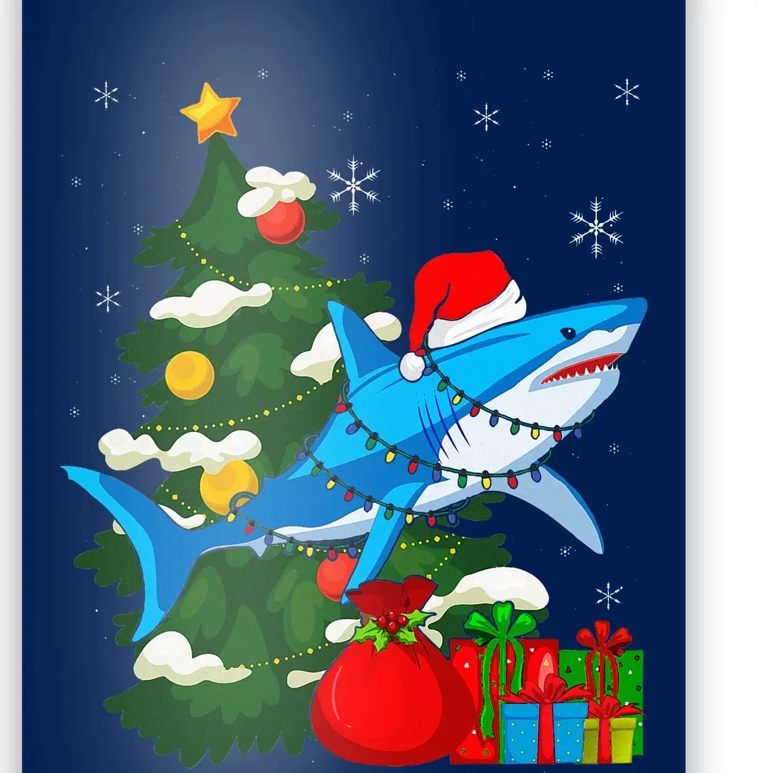 Santa Shark Christmas Lights Sharkmas Tree Xmas Poster