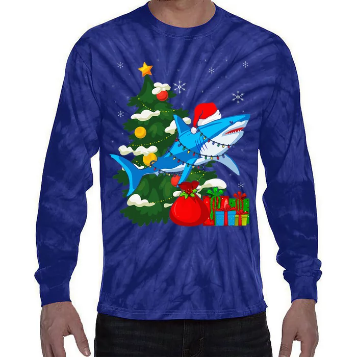 Santa Shark Christmas Lights Sharkmas Tree Xmas Tie-Dye Long Sleeve Shirt