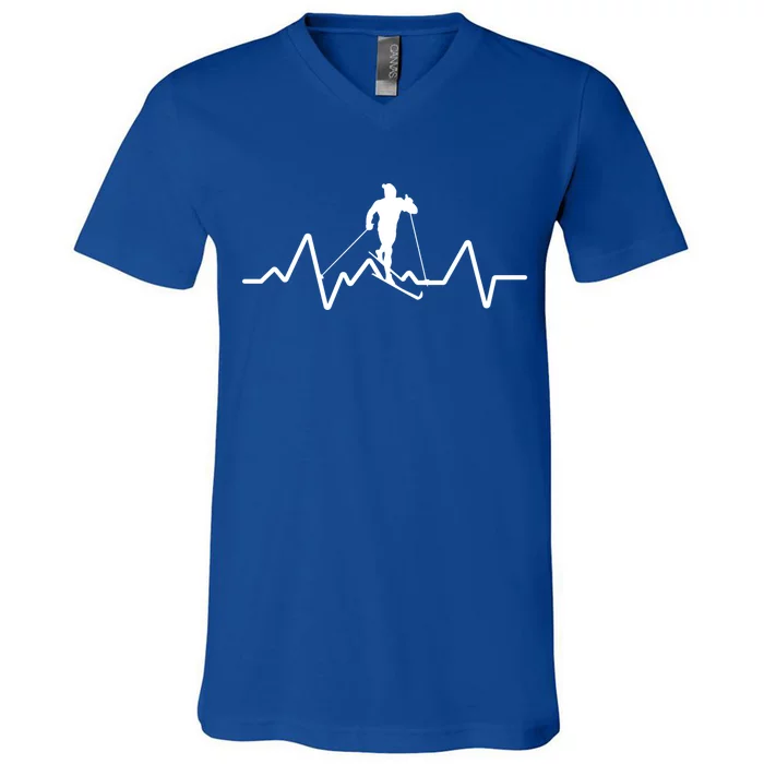 Skiing Skiers Cute Gift Ski Skier Heartbeat For Skiing Bum Great Gift V-Neck T-Shirt