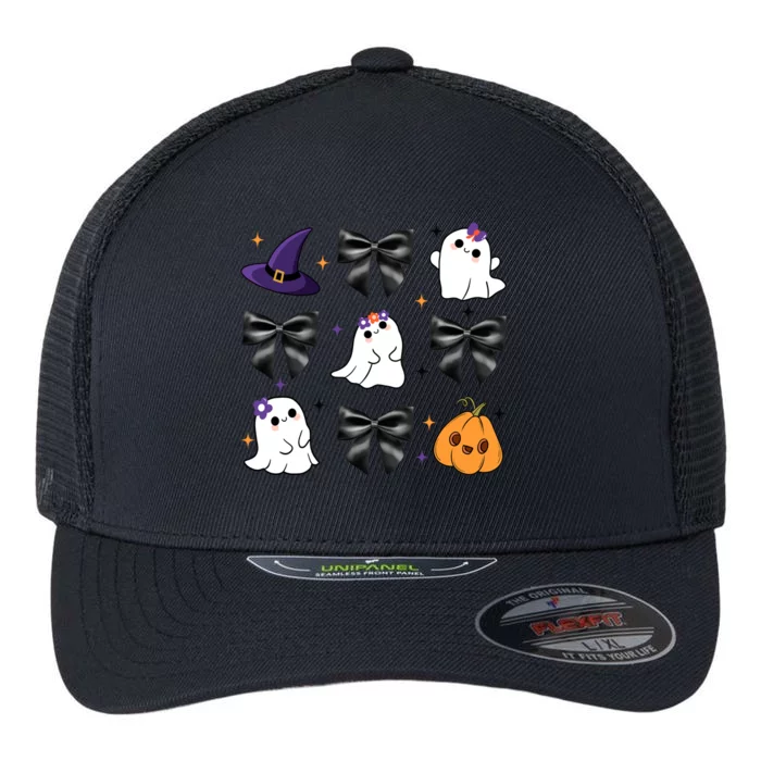 Spooky Season Cute Boo Ghost Coquette Halloween Flexfit Unipanel Trucker Cap