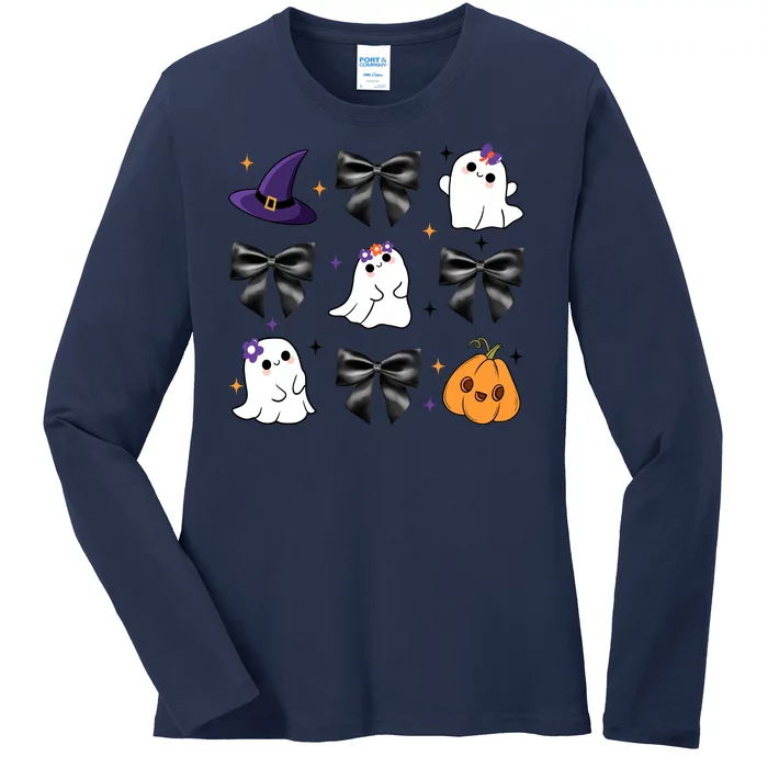 Spooky Season Cute Boo Ghost Coquette Halloween Ladies Long Sleeve Shirt