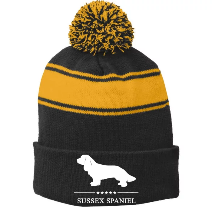 Sussex Spaniel Dog White Silhouette Premium Stripe Pom Pom Beanie