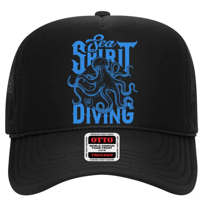 Sea Spirit Diving Funny Fishing Poster High Crown Mesh Trucker Hat