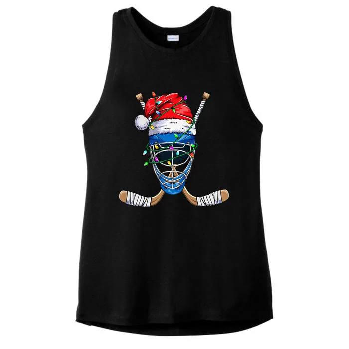 Santa Sports Design Christmas Hockey Player Ladies Tri-Blend Wicking Tank