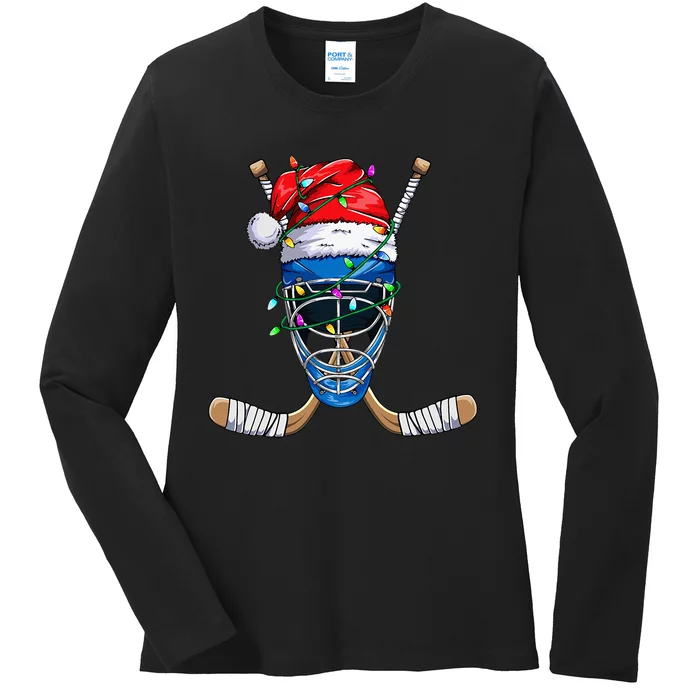 Santa Sports Design Christmas Hockey Player Ladies Long Sleeve Shirt