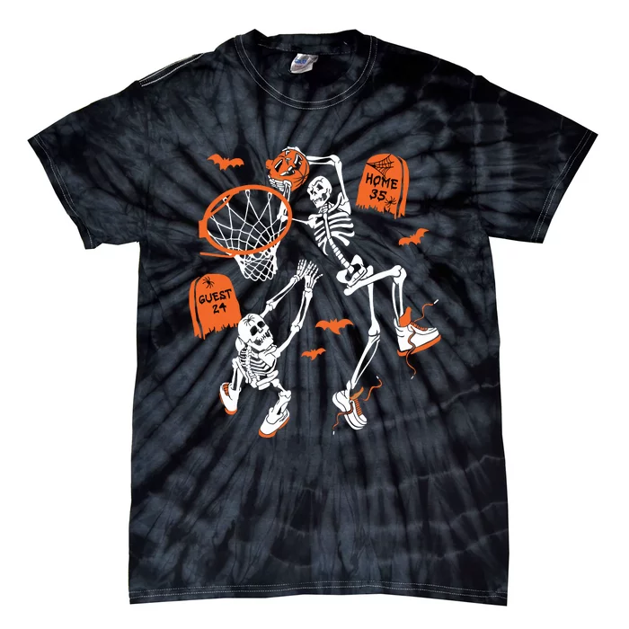 Spooky Skeleton Dunking Basketball Graveyard Halloween Tie-Dye T-Shirt