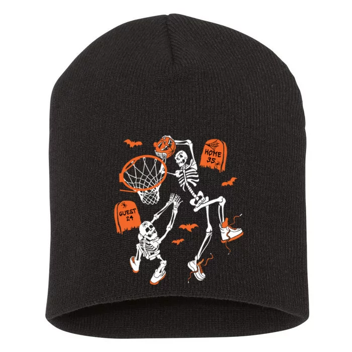 Spooky Skeleton Dunking Basketball Graveyard Halloween Short Acrylic Beanie