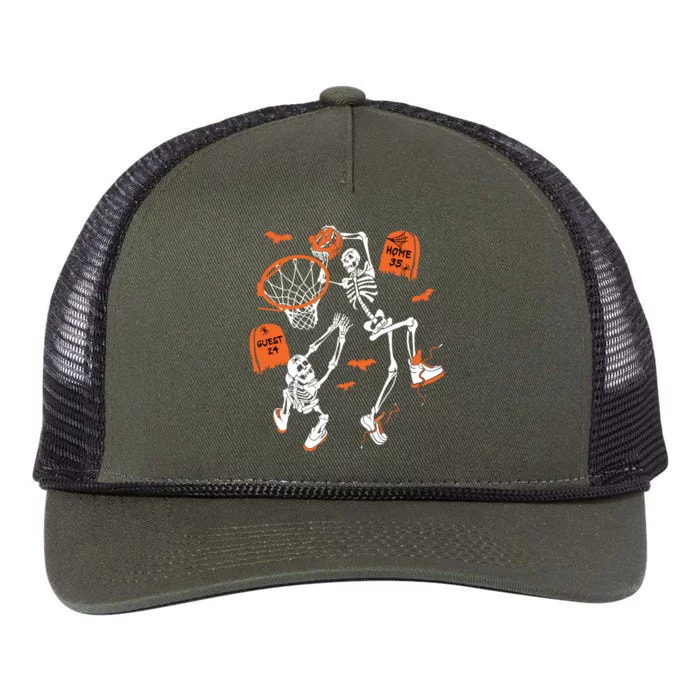 Spooky Skeleton Dunking Basketball Graveyard Halloween Retro Rope Trucker Hat Cap