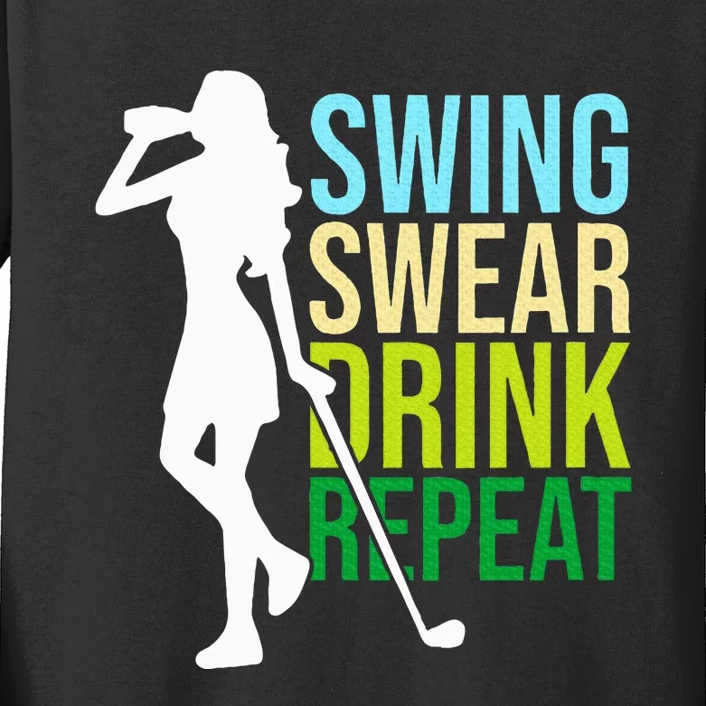 Swing Swear Drink Repeat Love Golf Kids Long Sleeve Shirt