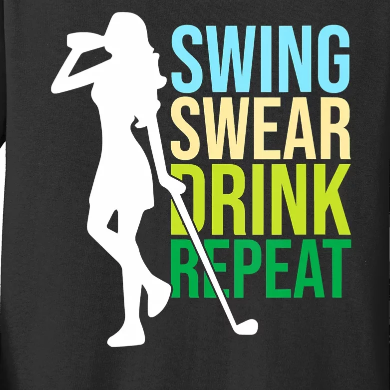 Swing Swear Drink Repeat Love Golf Kids Long Sleeve Shirt