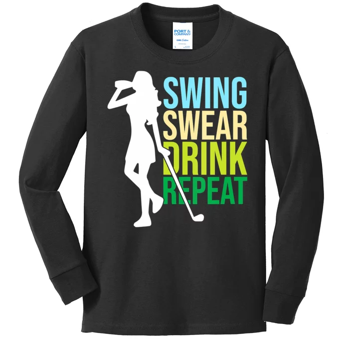 Swing Swear Drink Repeat Love Golf Kids Long Sleeve Shirt