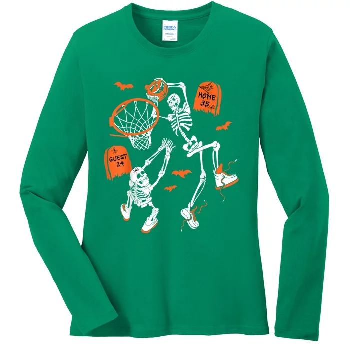 Spooky Skeleton Dunking Basketball Graveyard Halloween Ladies Long Sleeve Shirt