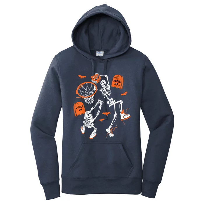 Spooky Skeleton Dunking Basketball Graveyard Halloween Women's Pullover Hoodie