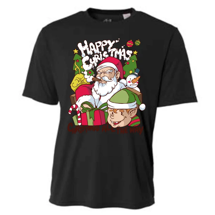 Santa Smoking Design Christmas All The Way Funny Cooling Performance Crew T-Shirt