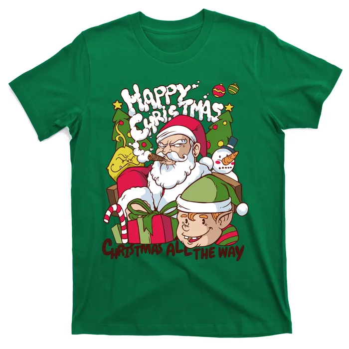 Santa Smoking Design Christmas All The Way Funny T-Shirt