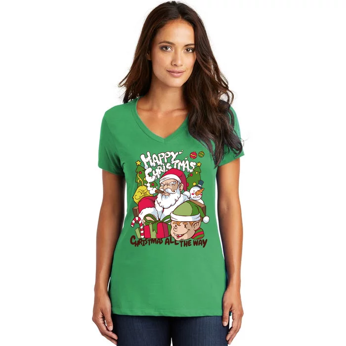 Santa Smoking Design Christmas All The Way Funny Women's V-Neck T-Shirt