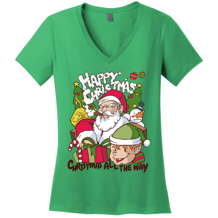 Santa Smoking Design Christmas All The Way Funny Women's V-Neck T-Shirt