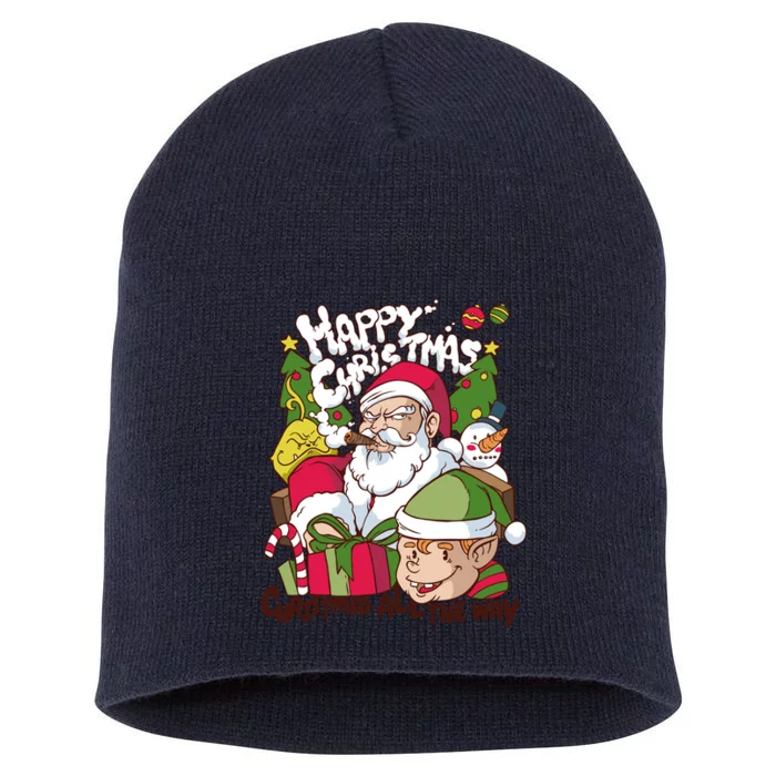 Santa Smoking Design Christmas All The Way Funny Short Acrylic Beanie